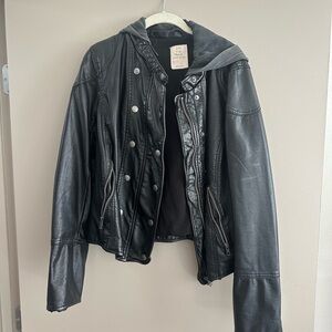 Black Faux Leather Jacket with Hood